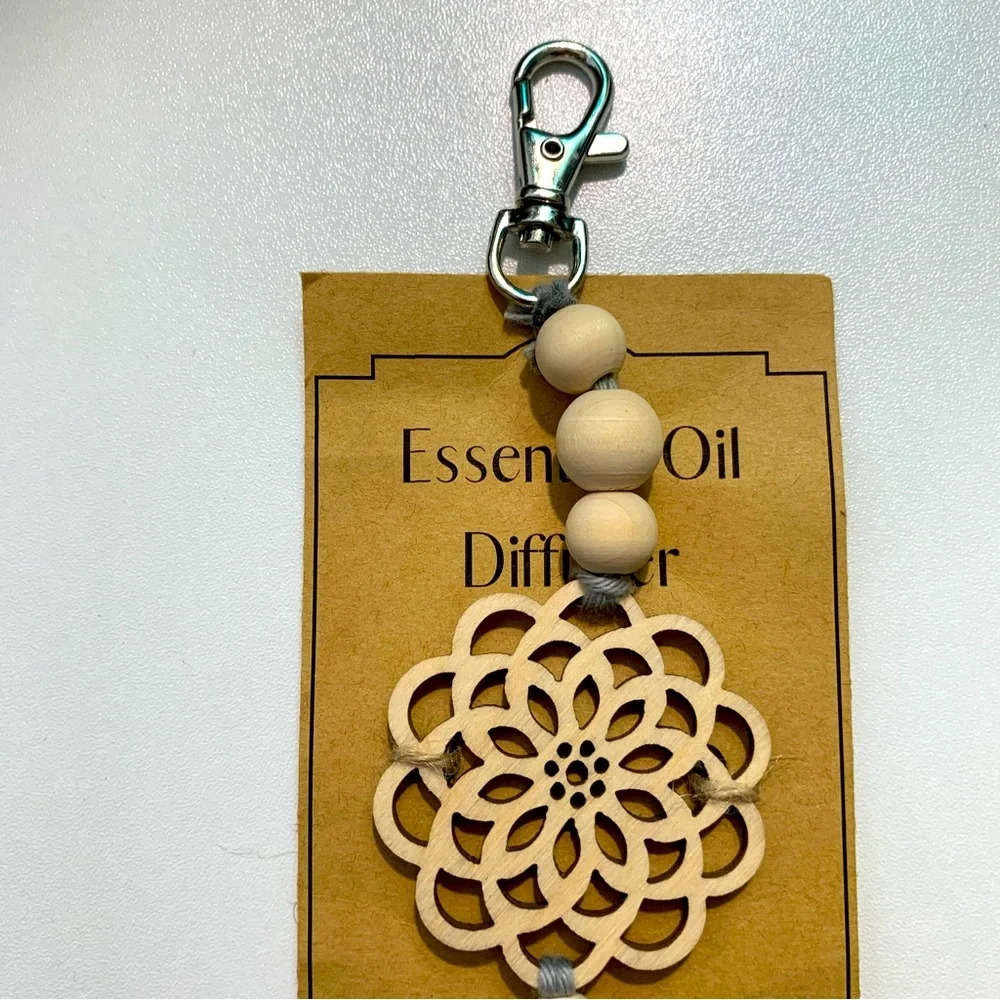 Mandala Keychain Diffuser Bag Charm with Wooden Beads and Gray Yarn Tassel